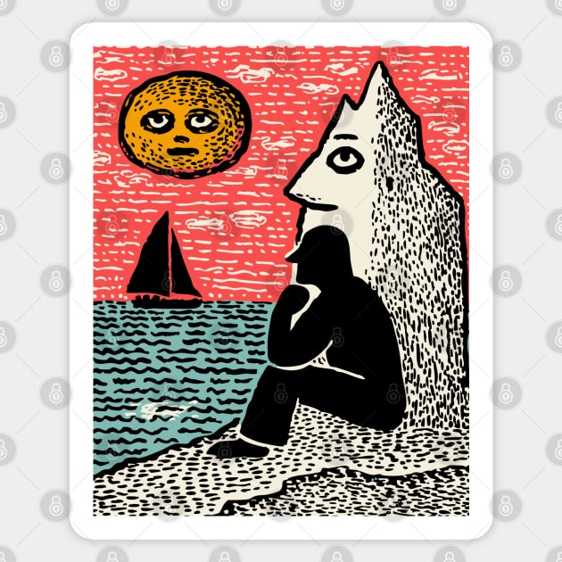 Seascape Solitude – Contemplation by the Ocean Linocut Sticker by TuncGK